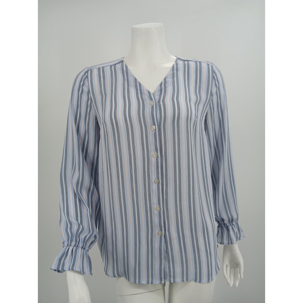 T Tahari Blouse Womens Size XS Blue Striped Silk Ruffle Sleeves Button Front